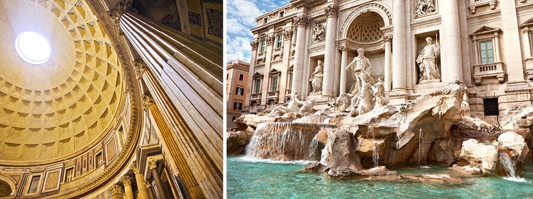 Pantheon med den imponerende kuppel og Fontana di Trevi, Rom, Italien